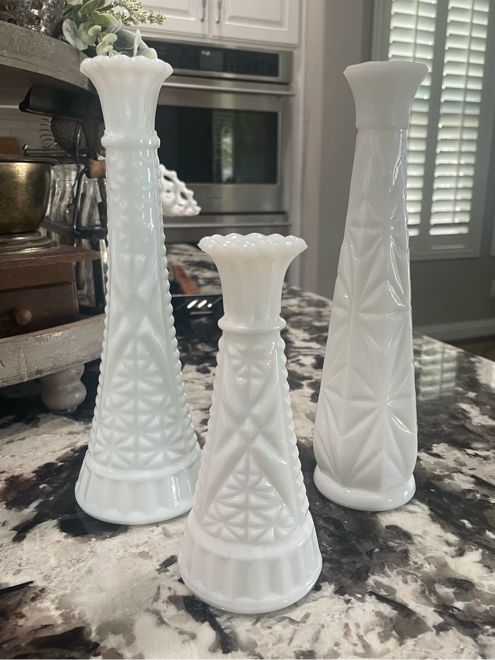 White Milk Glass Geometric Bud Vases Assorted Shape Size Set of 3 - Vintage
